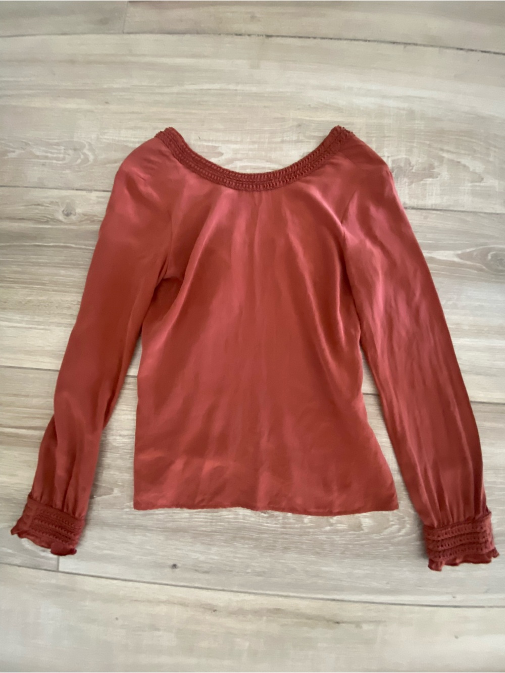 Sezane Women's Long-Sleeve Rust Blouse with Crochet Trim Made in France Size S